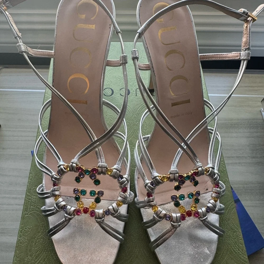 GUCCI Women's Isa Crystal Embellished Interlocking G Slingback High Heel Sandals - Picture 2 of 9